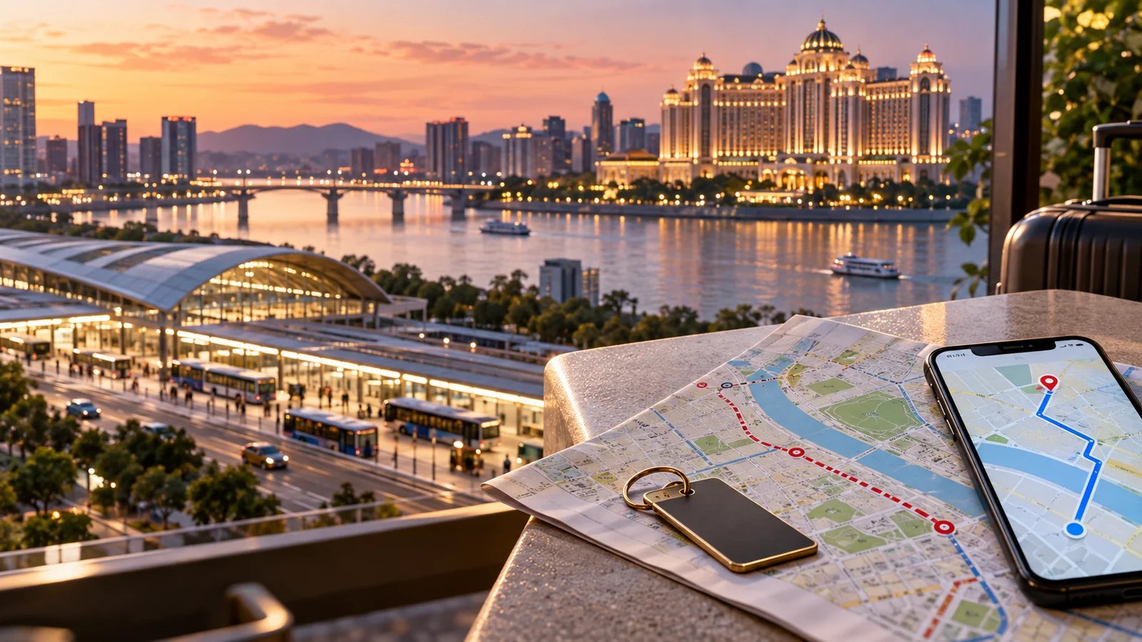 Hotel key and route map overlooking a city transport hub and resort