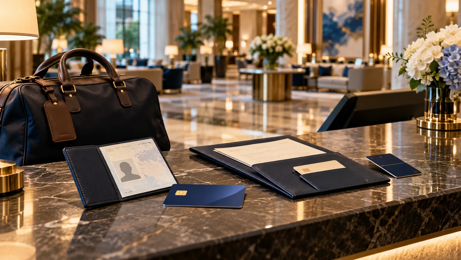 Identification, payment card and reservation documents arranged at an upscale hotel reception desk