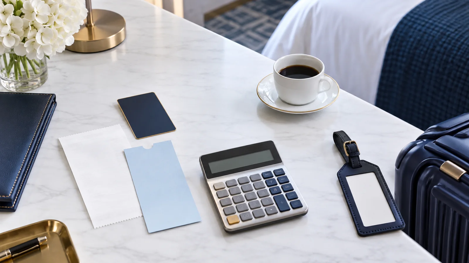 Hotel key card, calculator and travel documents arranged for trip planning