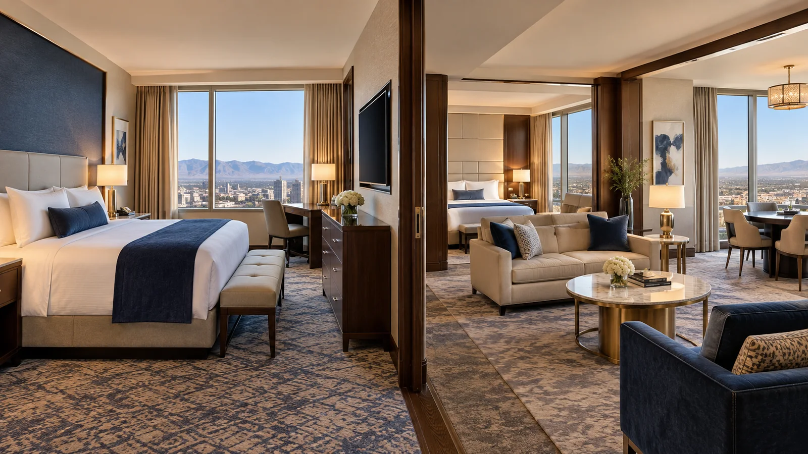 Standard casino hotel room compared with a spacious quiet suite