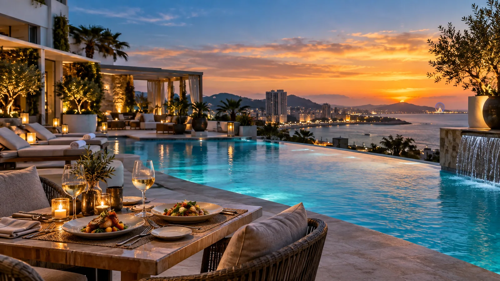 Resort pool and restaurant terrace overlooking a coastal city at sunset