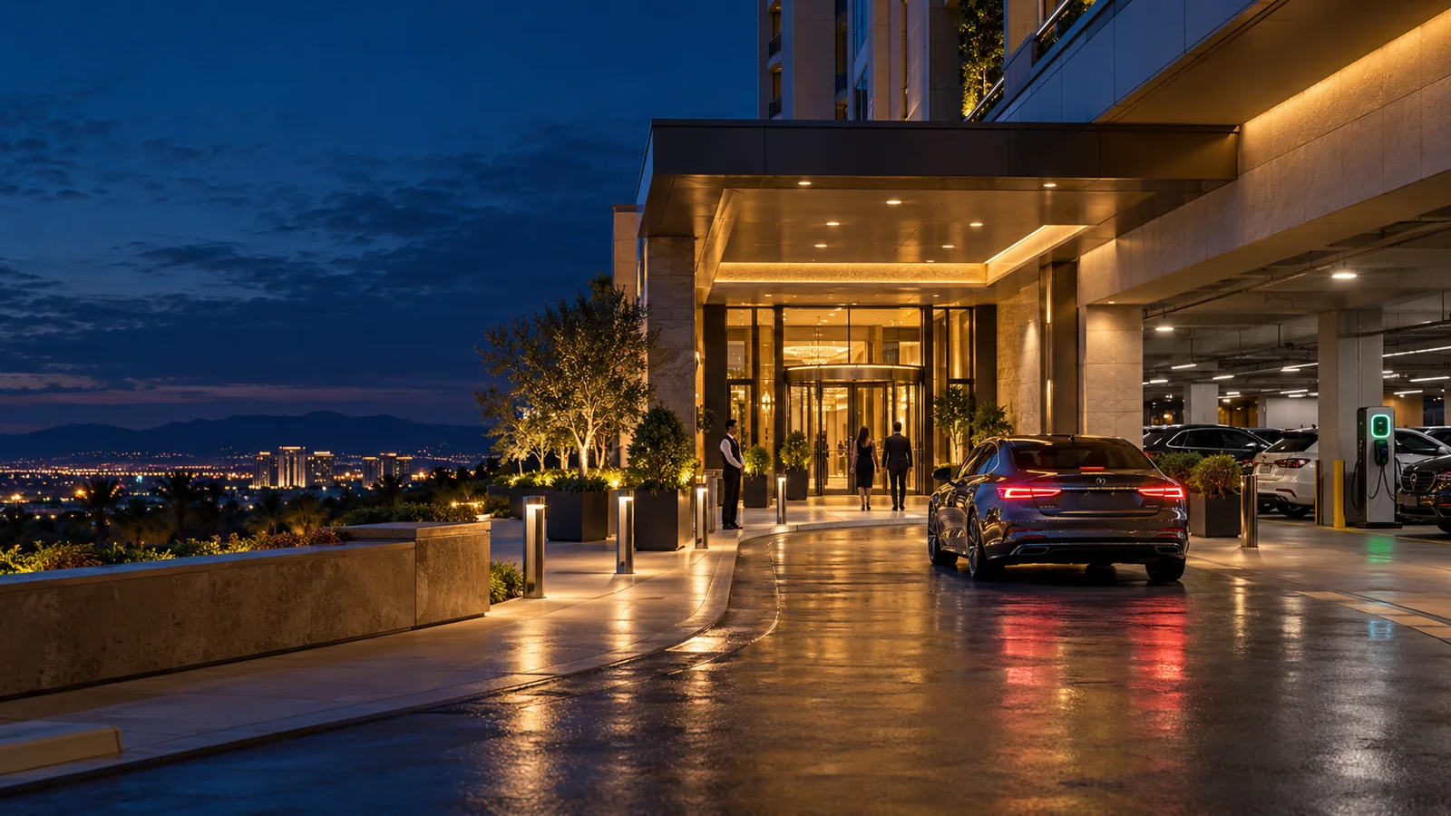 Car arriving at an upscale hotel entrance beside covered parking and EV charging