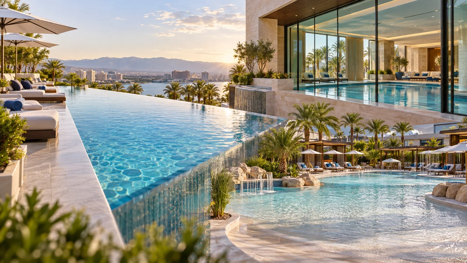 Outdoor infinity pool, indoor hotel pool and family resort pool shown together