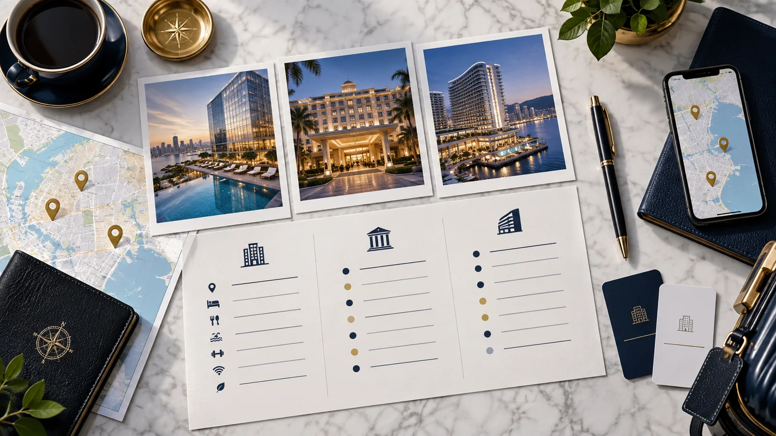Three hotel photographs arranged above a structured travel comparison sheet
