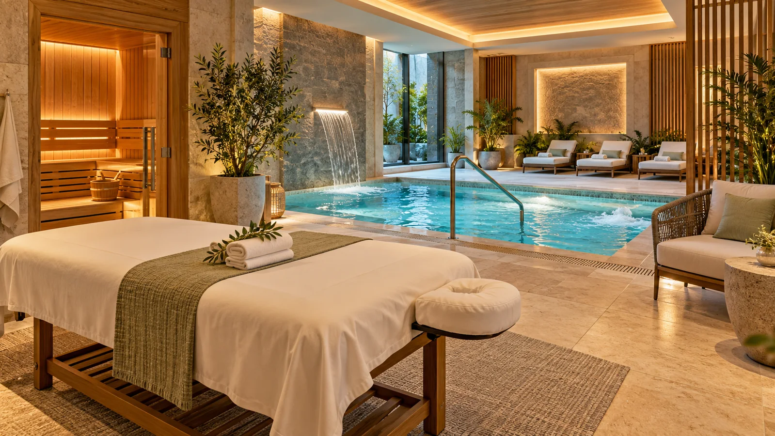 Hotel spa with massage tables, hydrotherapy pool, sauna and relaxation area