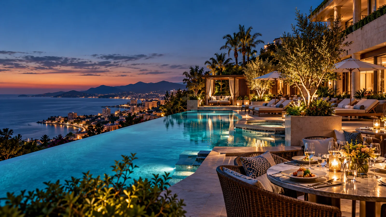 Peaceful resort pool, dining terrace and coastal view at a casino hotel