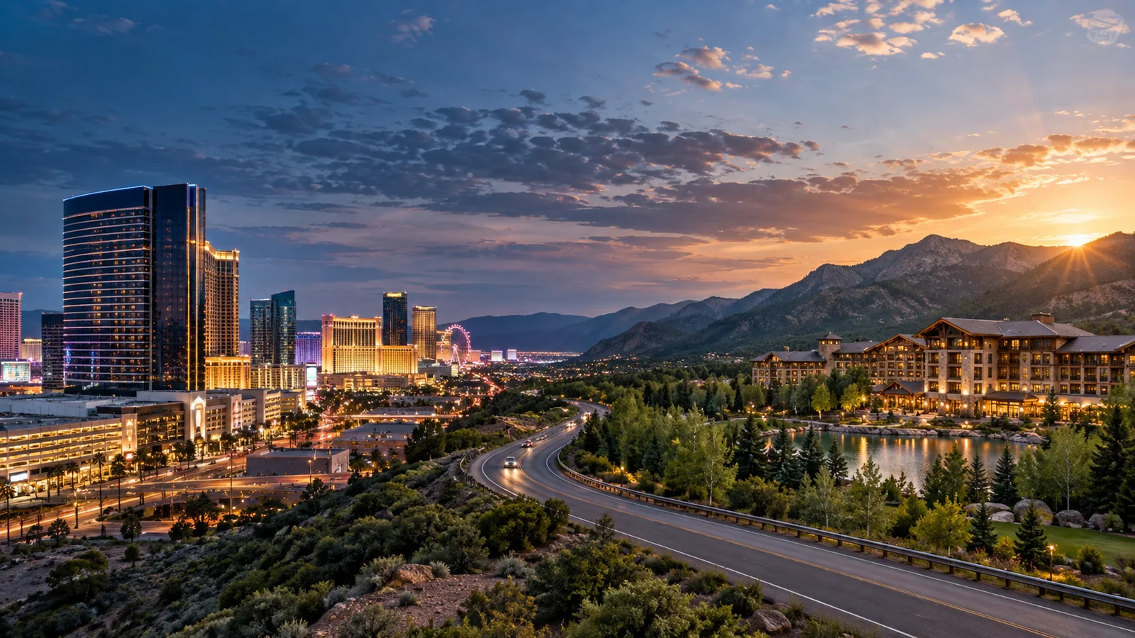 Road connecting a city casino hotel district and a mountain resort