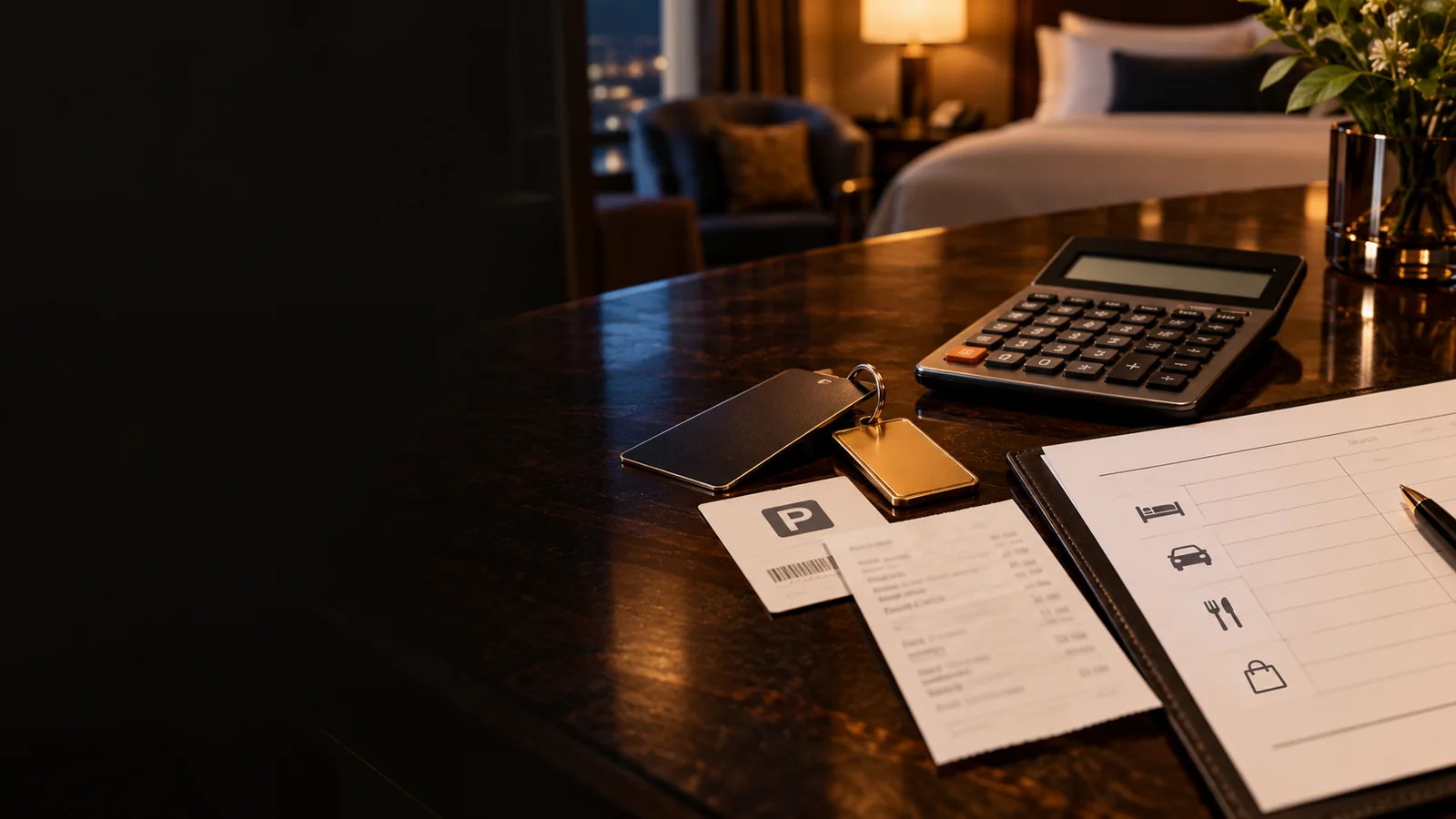Calculator, room keys and an itemized travel cost worksheet on a hotel desk