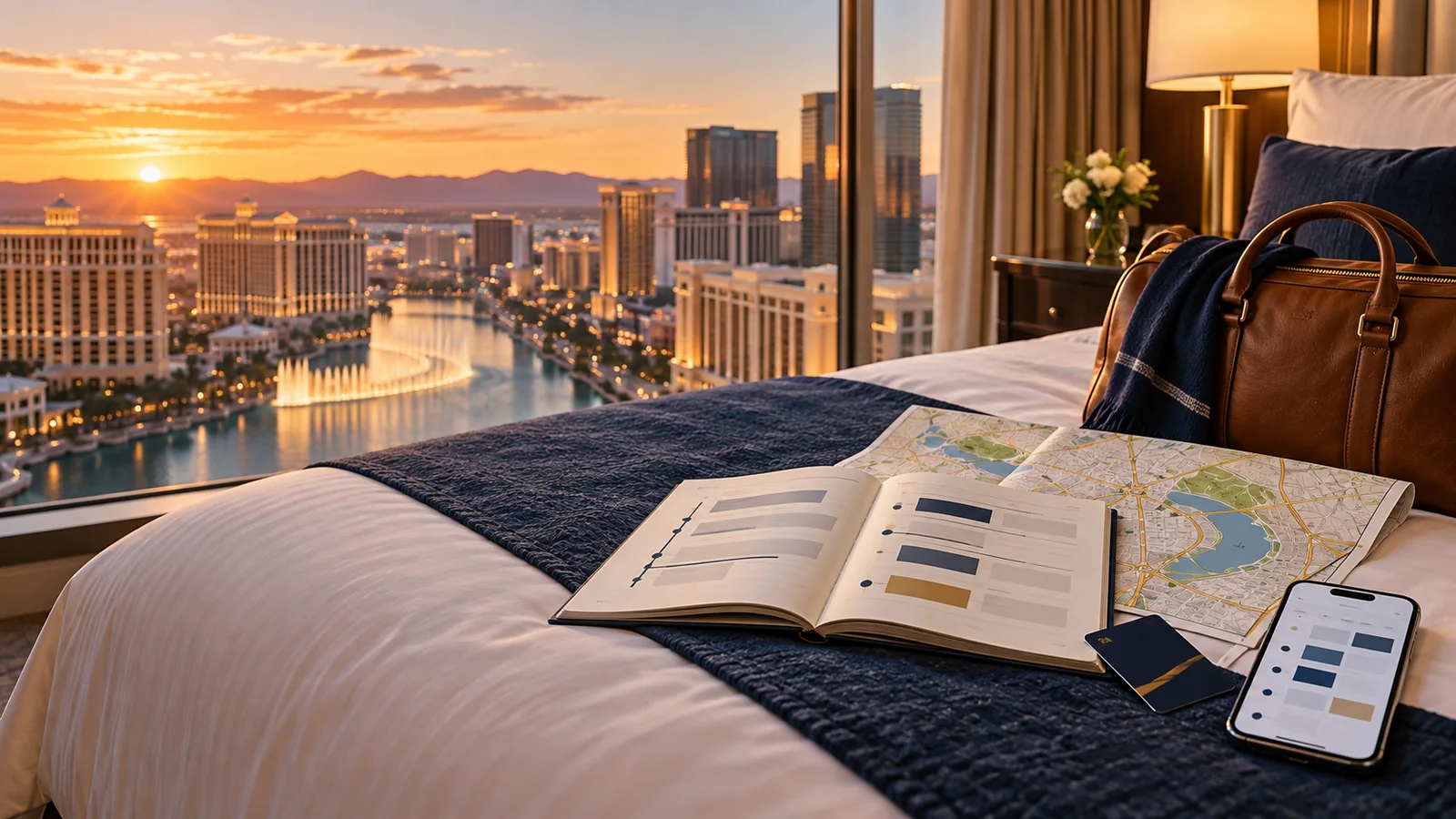 Weekend itinerary, city map and travel bag arranged in a casino hotel room