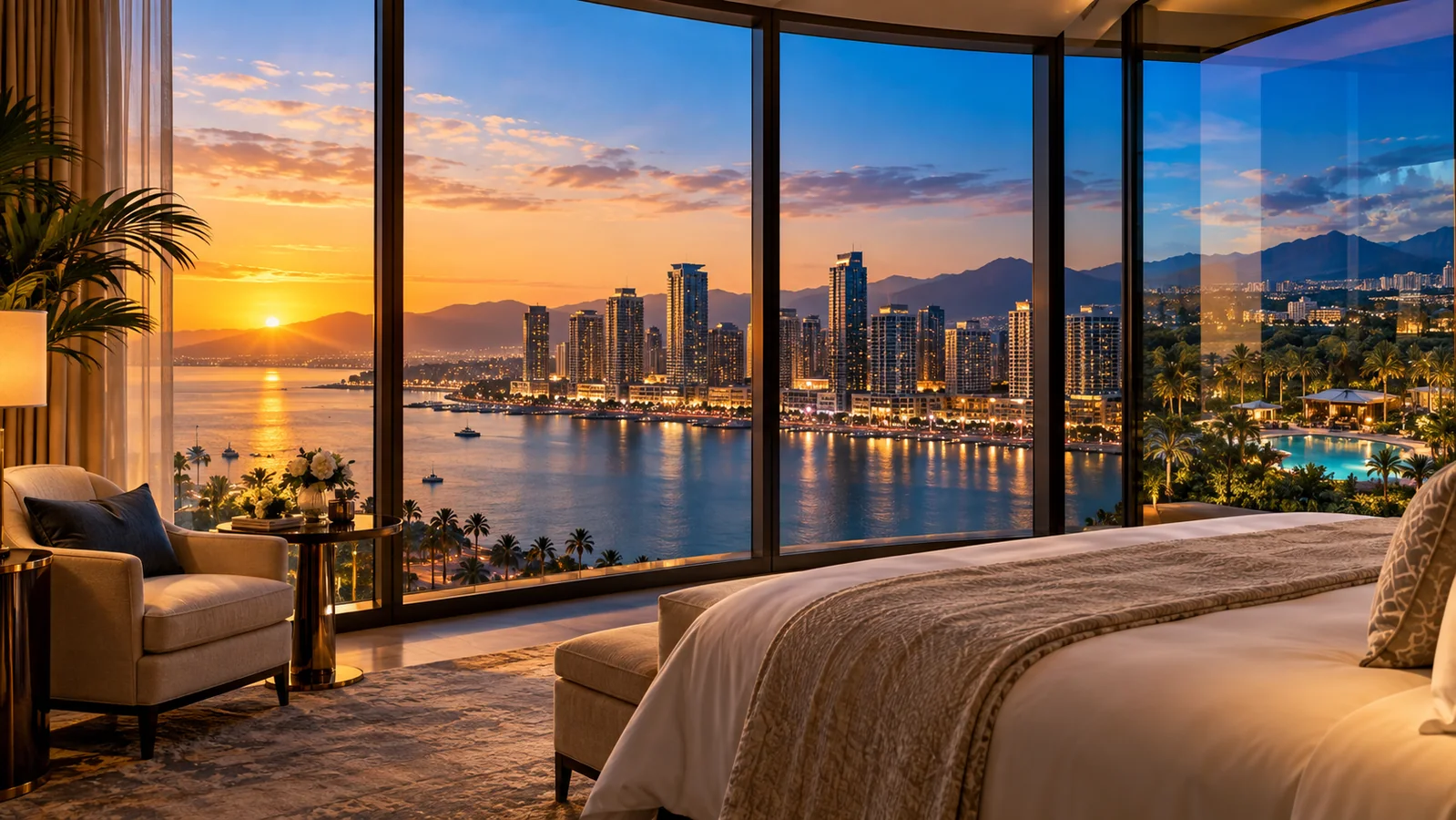 Luxury hotel room overlooking a waterfront skyline, gardens and pool at sunset