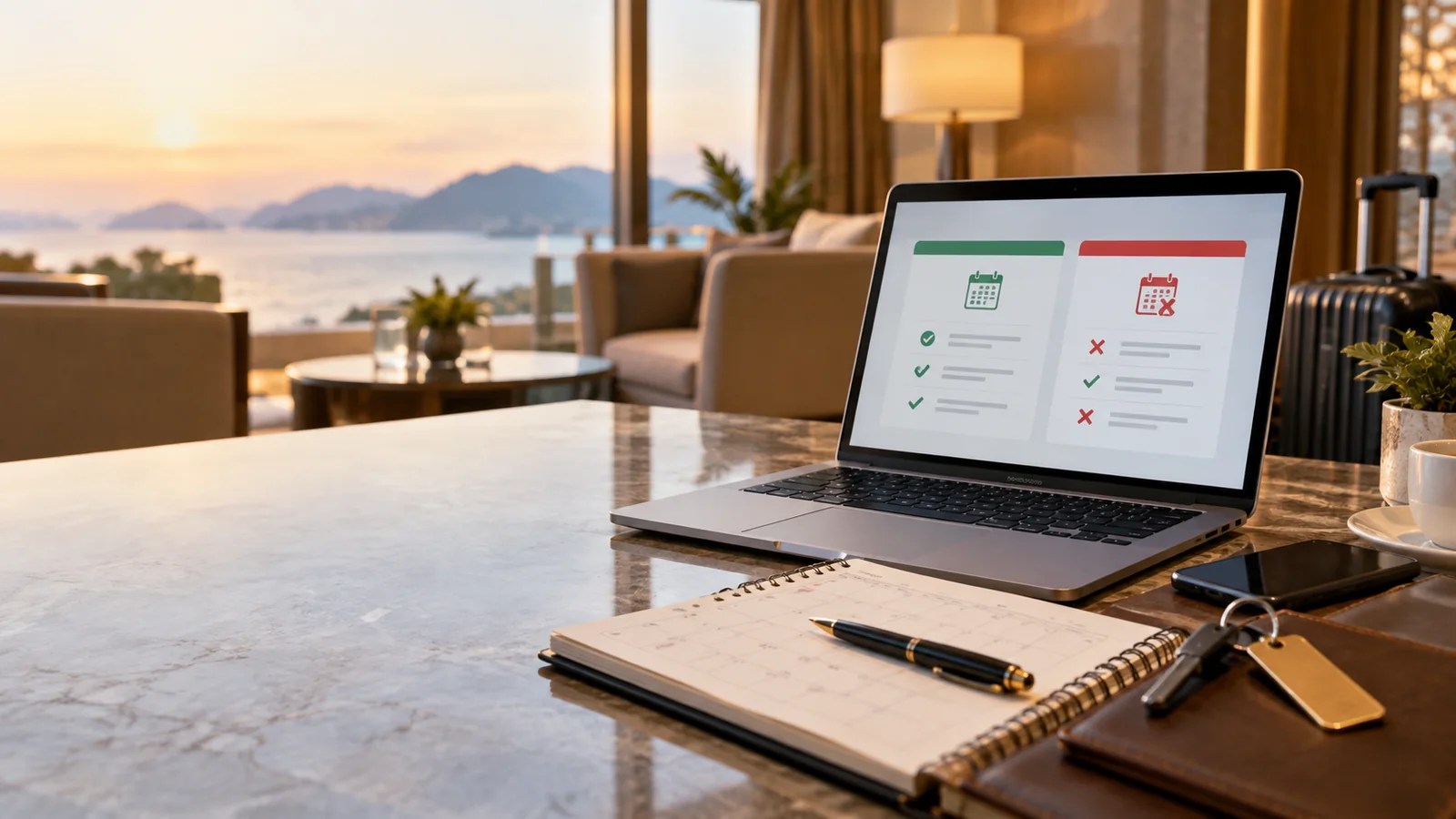 Laptop comparing two hotel cancellation options beside a calendar
