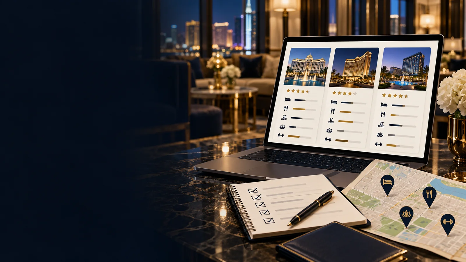 Laptop comparing three casino hotel profiles beside a checklist and map