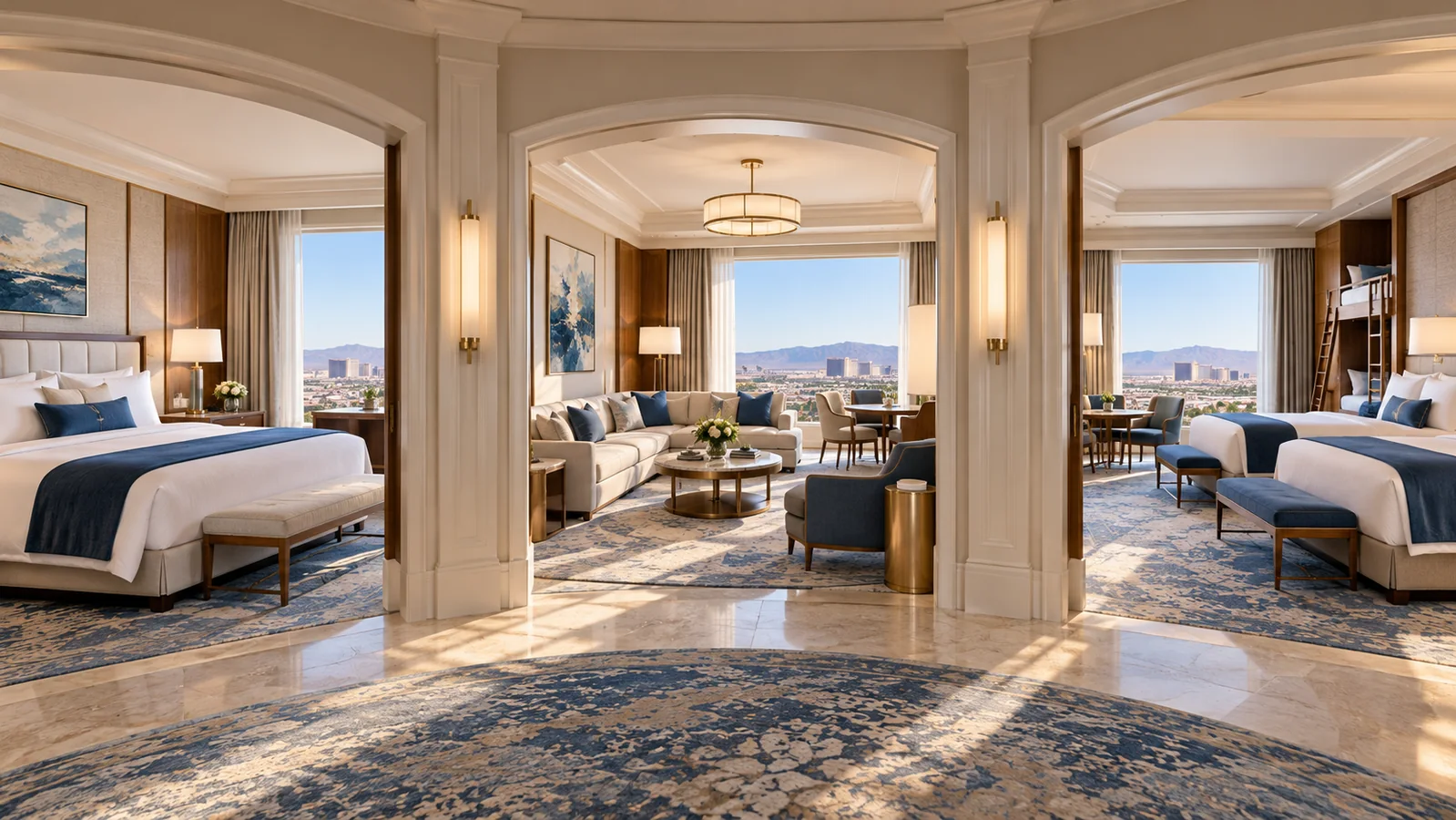 Standard room, suite and family hotel room layouts shown side by side