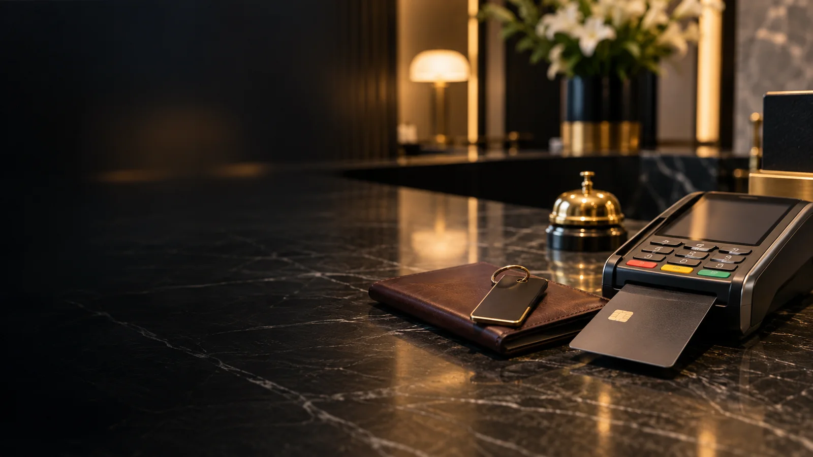 Payment card and room key beside a hotel check-in terminal