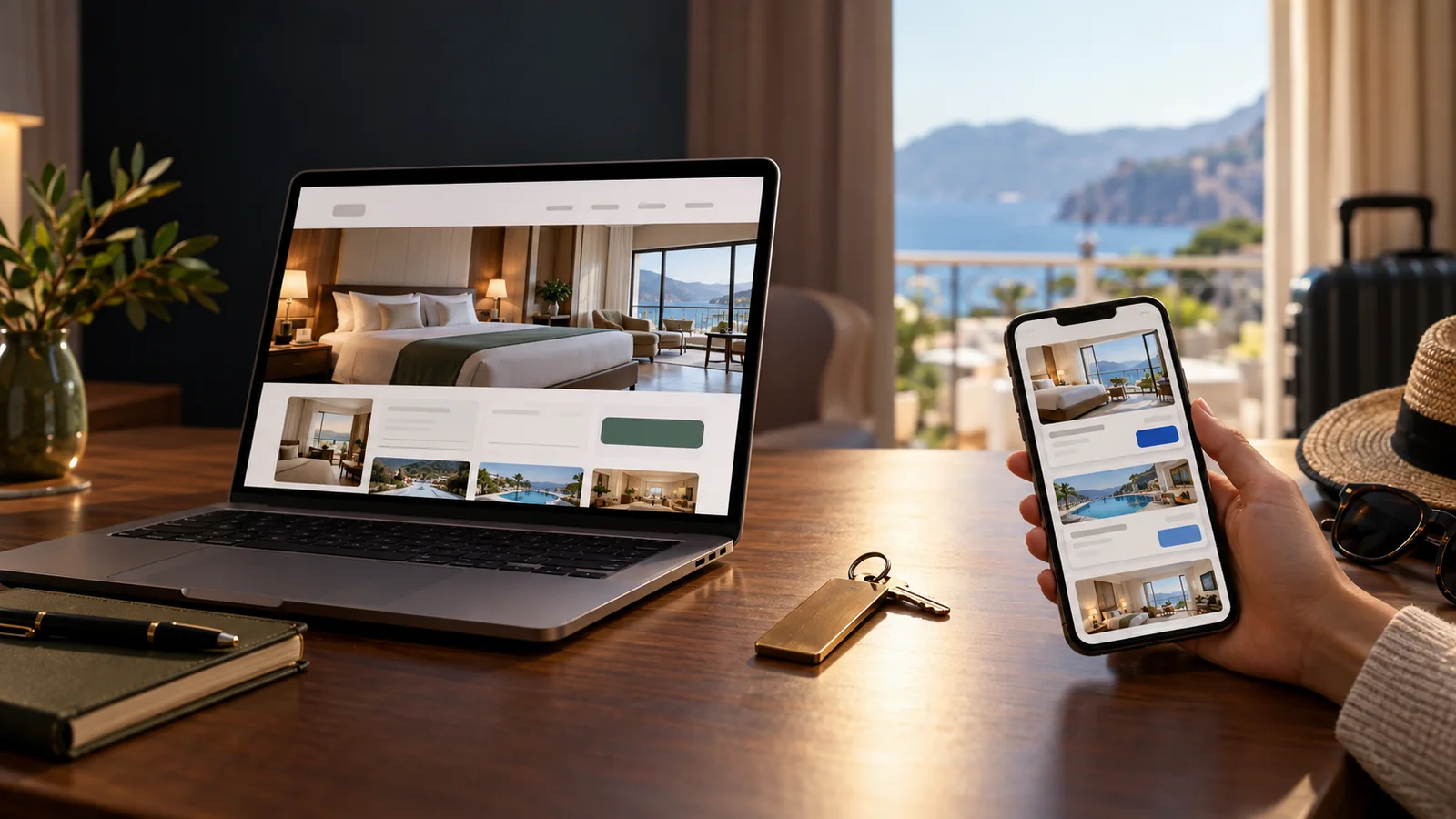 Hotel room offers displayed on a laptop and phone for booking comparison