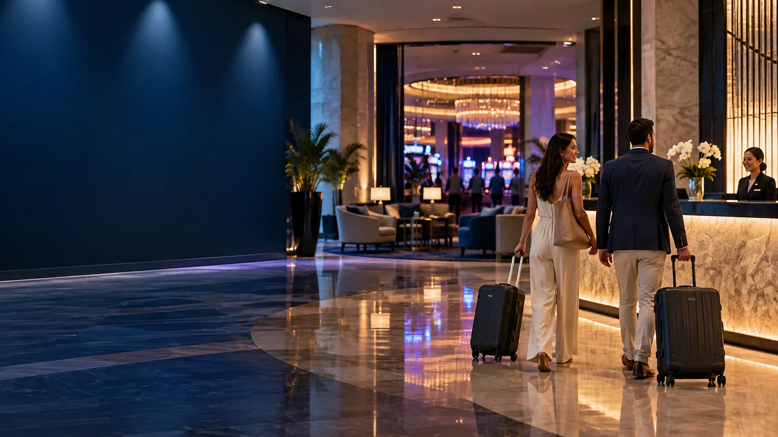 Travelers arriving at a contemporary casino hotel reception