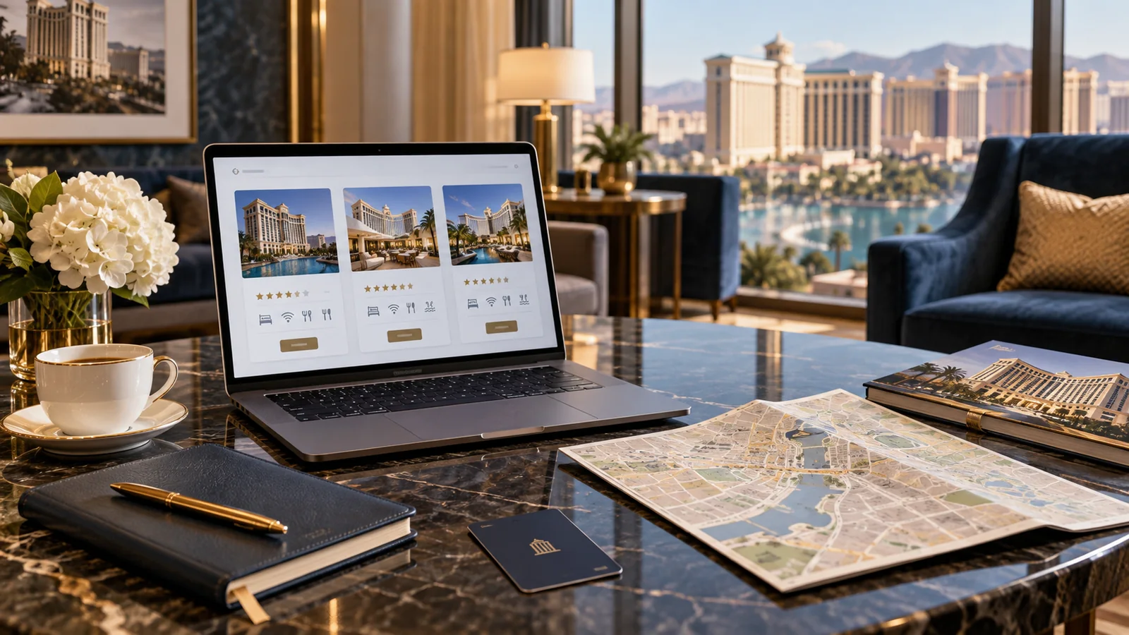 Laptop comparing several casino hotels on a travel planning desk