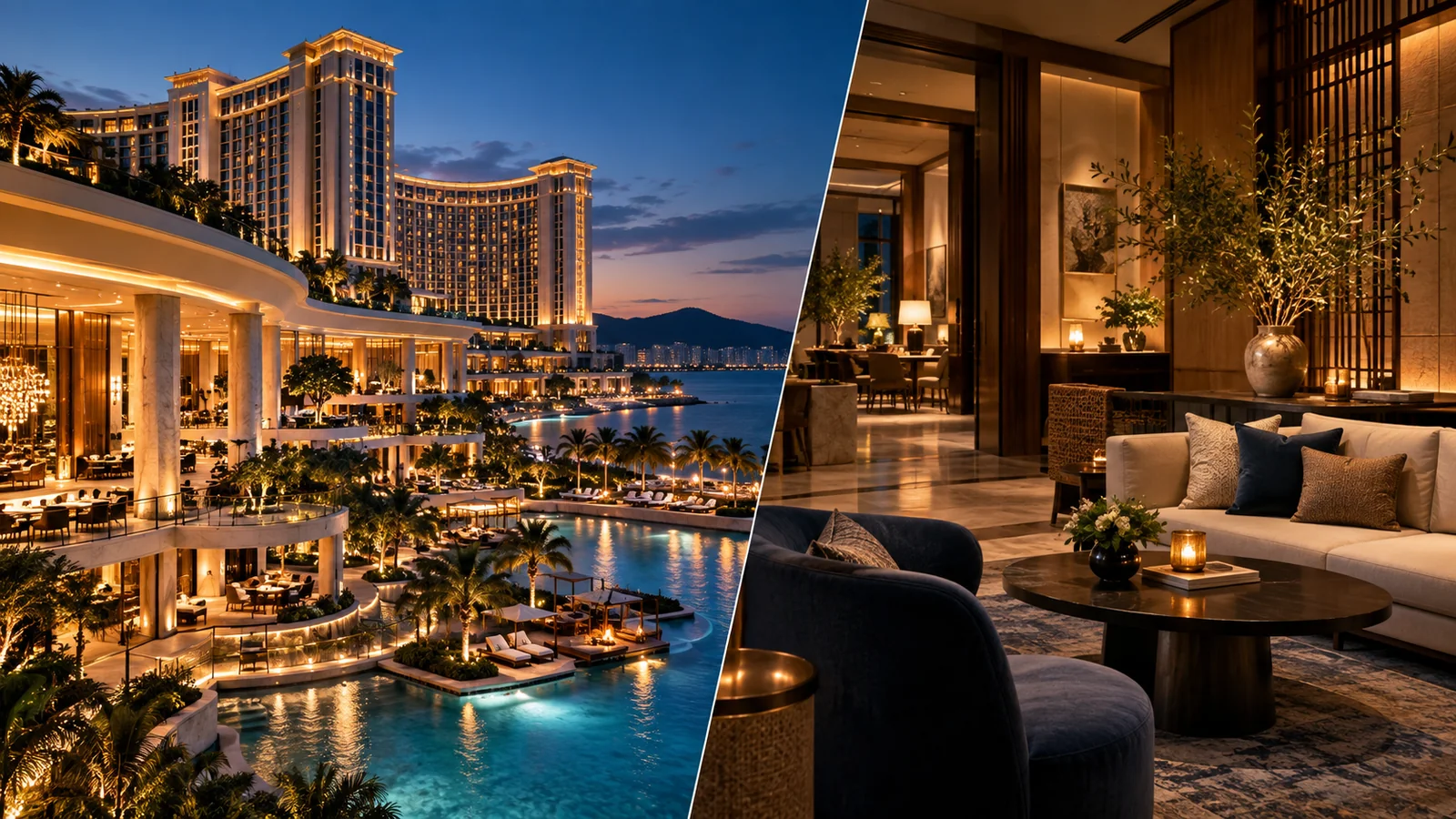 A large waterfront resort compared with an intimate boutique hotel lounge
