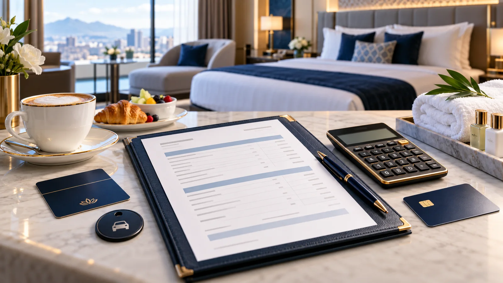 Hotel folio, calculator, room key, payment card and amenity items arranged for a cost comparison