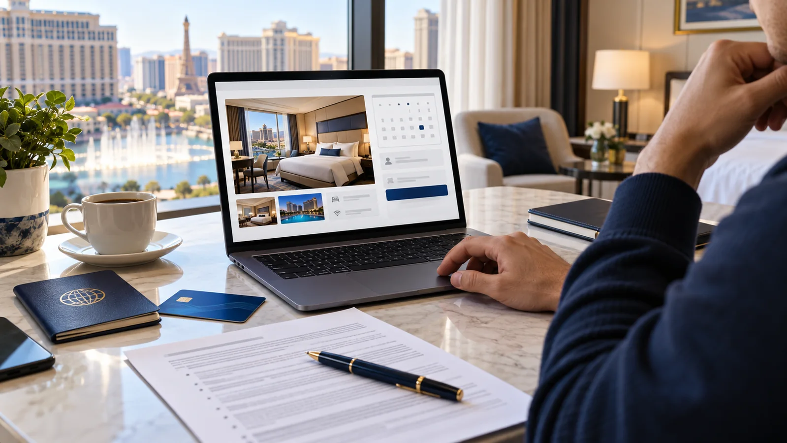 Traveler reviewing hotel booking terms on a laptop before confirming payment