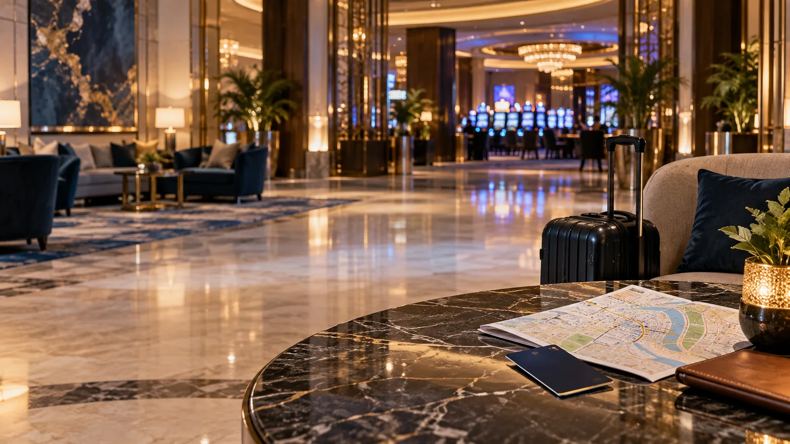Suitcase and travel map in an elegant casino hotel lobby