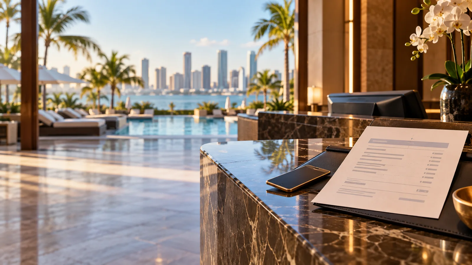 Itemized hotel folio on a resort reception desk overlooking a pool